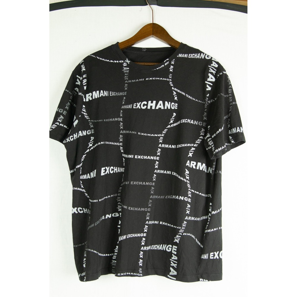 Armani Exchange Mens Black Silver All Over Logo Print T-Shirt Crew Neck
